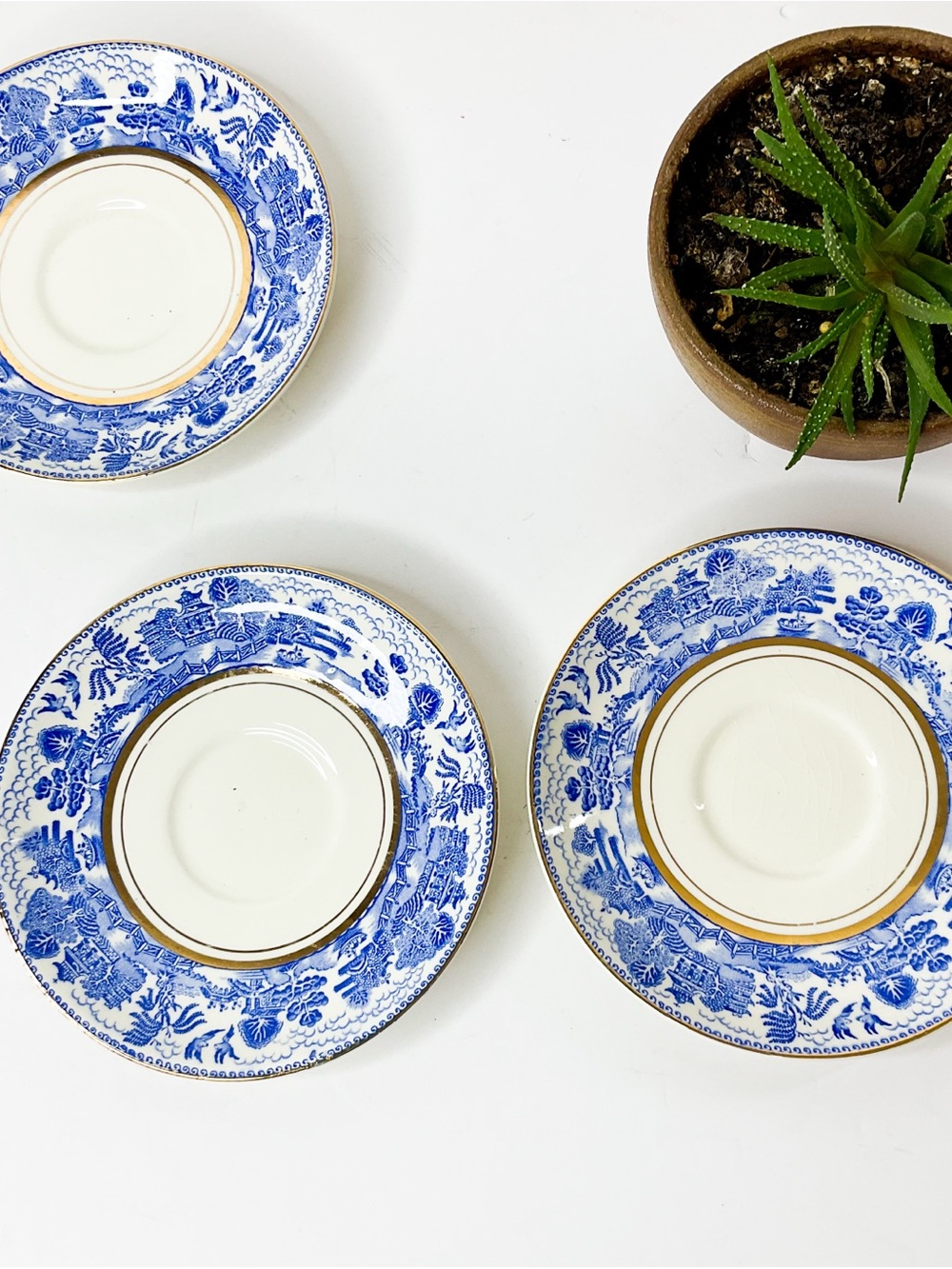Blue Willow - Blue and White Porcelain Dessert Plates with Gold Trim - Set Of 3